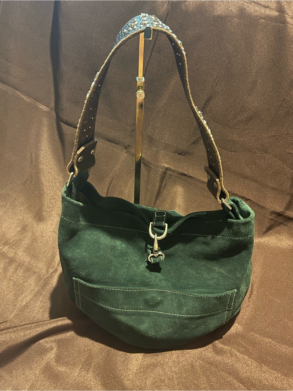 Y2K Vintage Tylie Malibu Moss Green Suede Hobo Bag Jeweled Leather Strap
